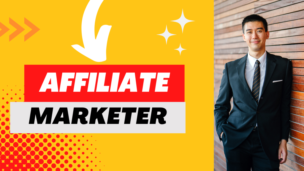 man of asian background, dressed in black jacket suit and stripe neck tie, leaning against a wall, white arrow pointing down to the word affiliate marketer written in black and white text.